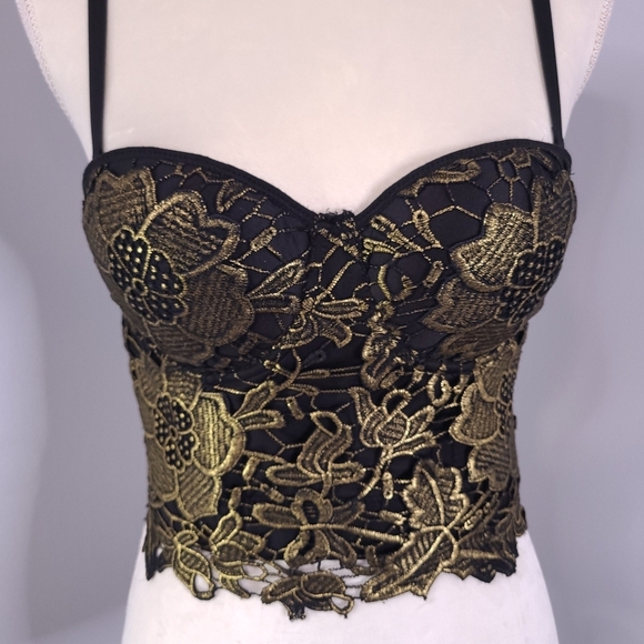 Unbranded Gold Black Floral Lace Embroidered Sexy Bustier Corset Crop Top SM - Picture 5 of 13